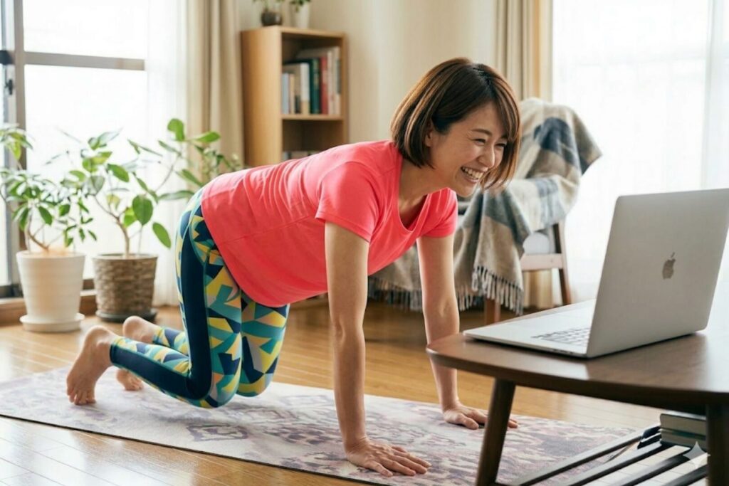 ANIMAL REBOOT代表 牛原晋が行うAnimal Flowオンラインレッスンを自宅で受けている女性の様子