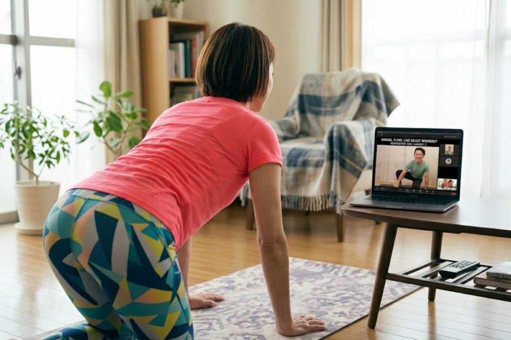 ANIMAL REBOOT代表 牛原晋が行うAnimal Flowオンラインレッスンを自宅で受けている女性の様子