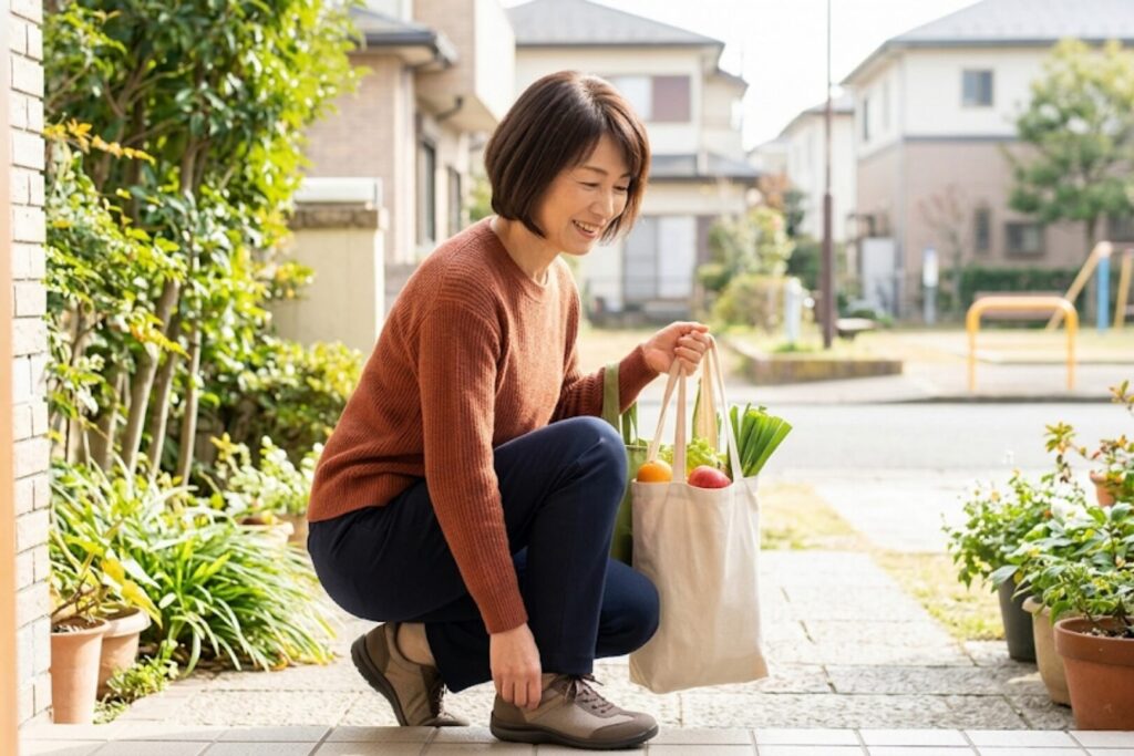 軽々としゃがんだり立ったりする中年女性